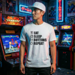 Eat Sleep Buttons Repeat fighting game graphic t-shirt by TJPuma