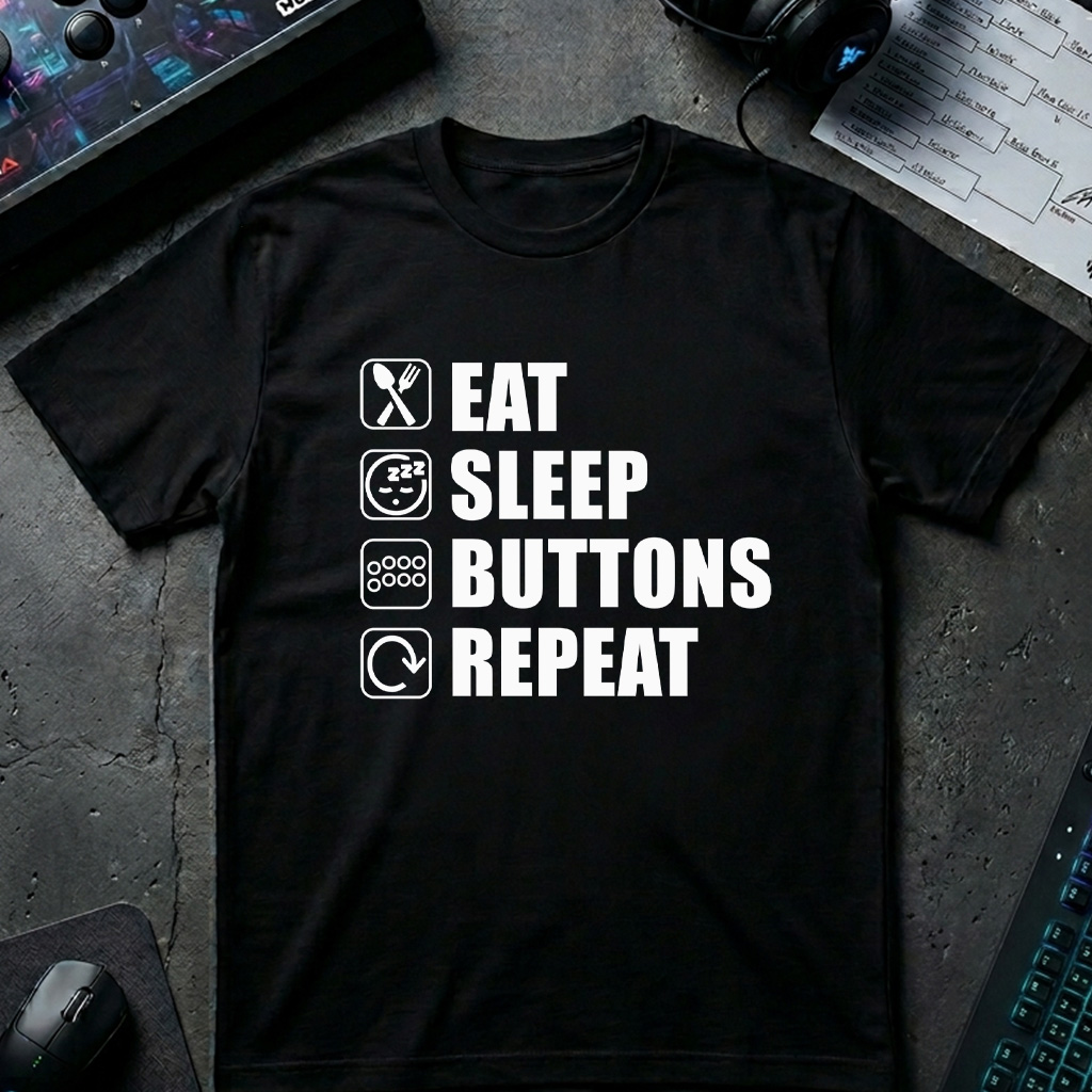 Eat Sleep Buttons Repeat fighting game graphic t-shirt by TJPuma