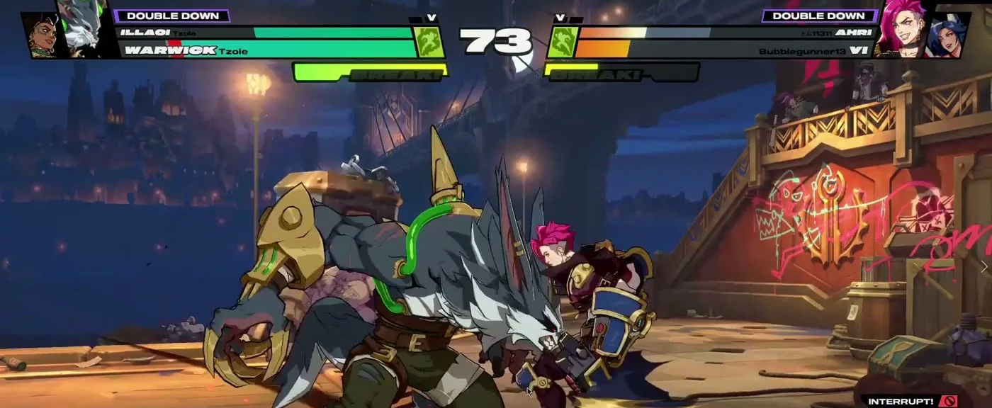 2XKO match showing the INTERRUPT indicator on screen after beating an opponent's move