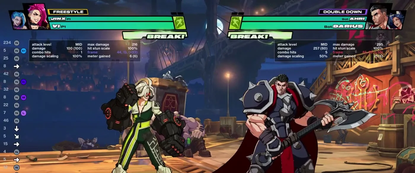 2XKO training mode data panel showing attack level MID, damage, combo hits, frame data and meter gained