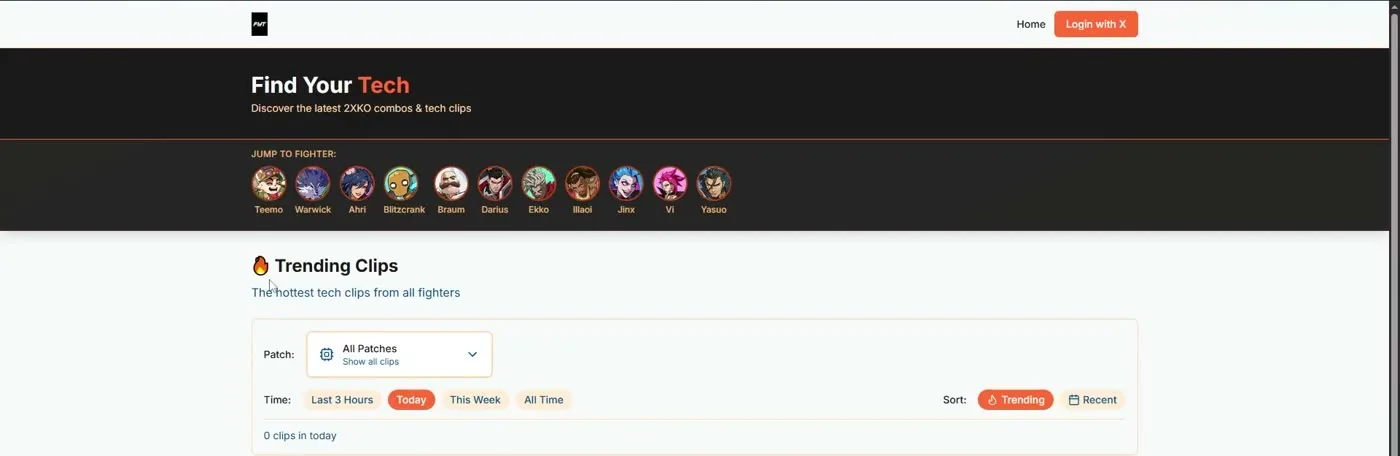 Find Your Tech homepage showing the 2XKO fighter select row and trending clips filters