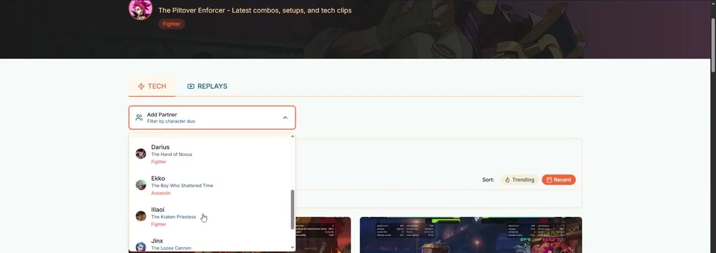 Find Your Tech Add Partner dropdown filtering 2XKO clips by character duo