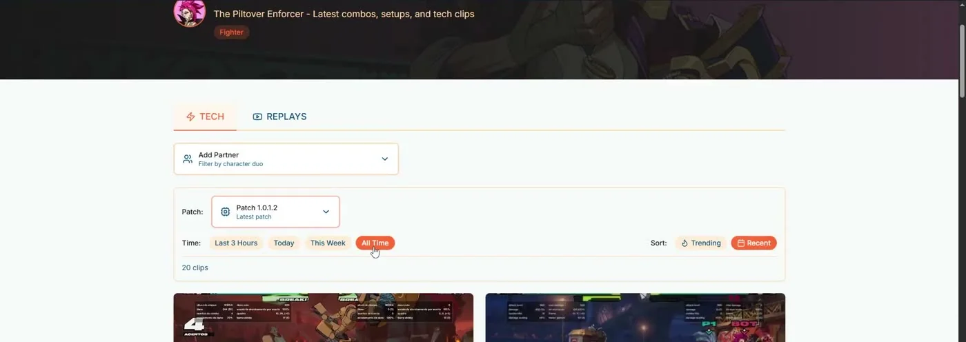 Find Your Tech Vi character page with patch, time range and sort filters visible