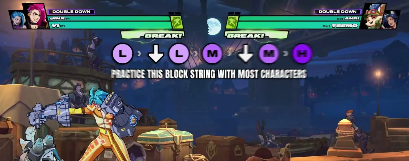 2XKO block string notation on screen: light, crouching light, medium, crouching medium, heavy
