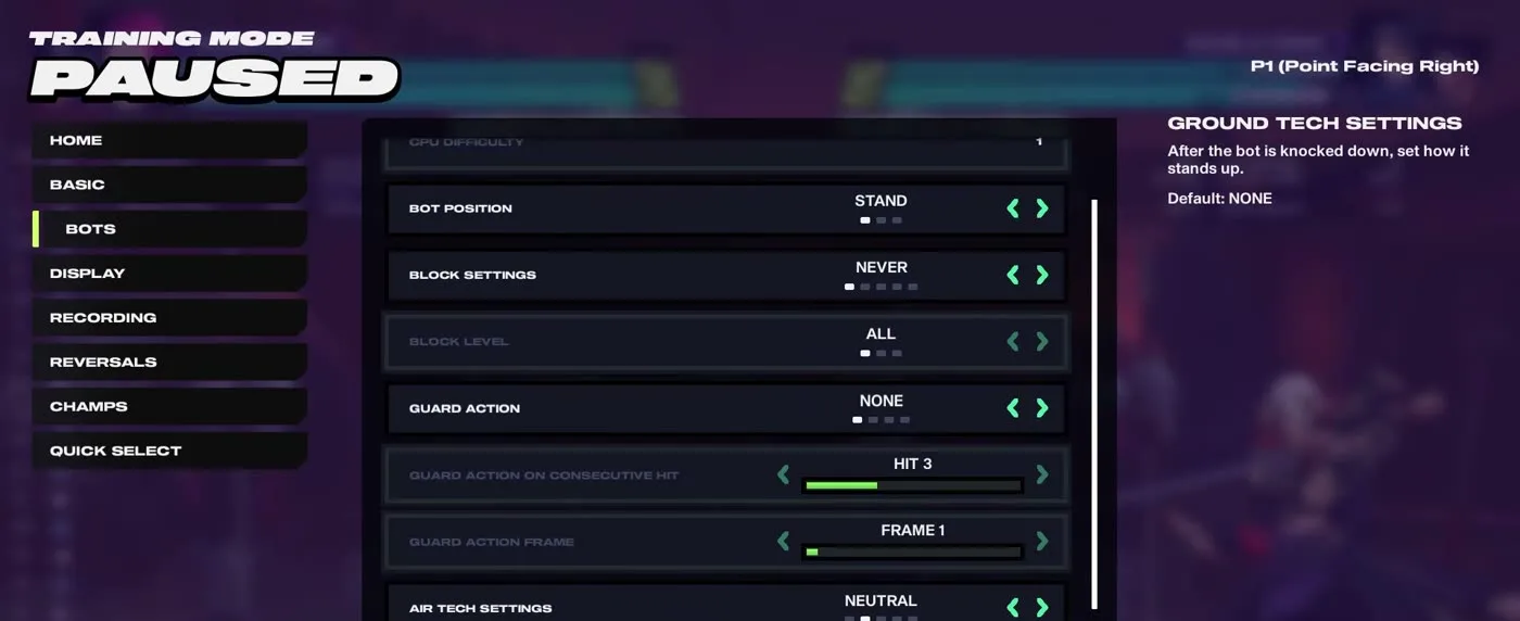 2XKO training mode Bots menu showing Ground Tech Settings, block settings and guard action