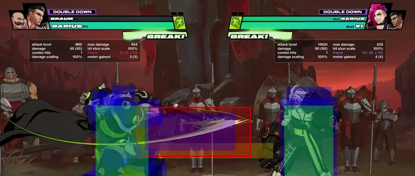 2XKO hitbox display showing the red hitbox on Darius axe reaching the blue hurtbox