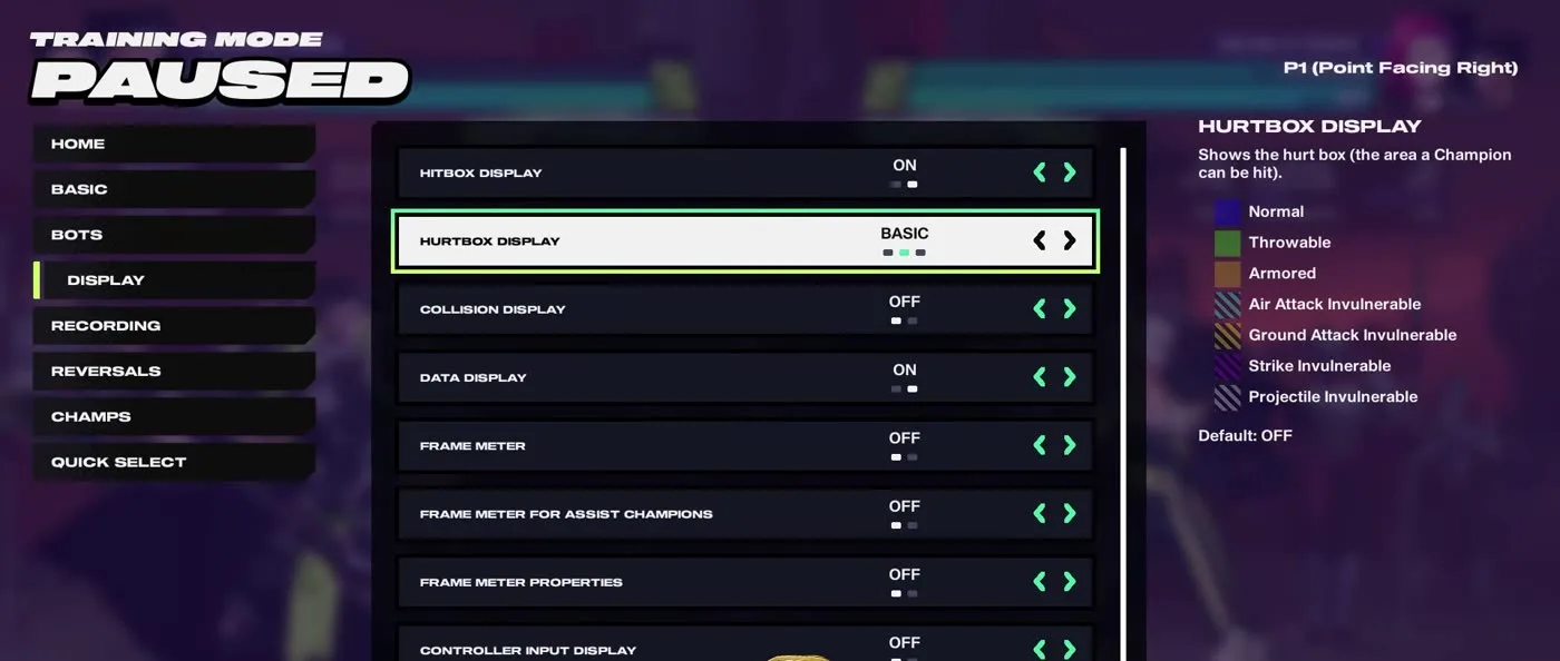 2XKO training mode Display menu showing hitbox display, hurtbox display and the hurtbox colour legend