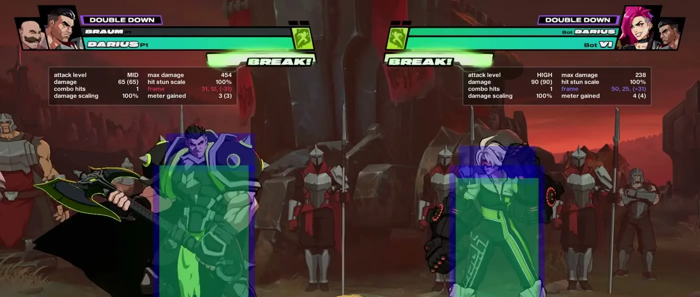 2XKO hurtbox display showing the green and blue boxes around Darius and Vi