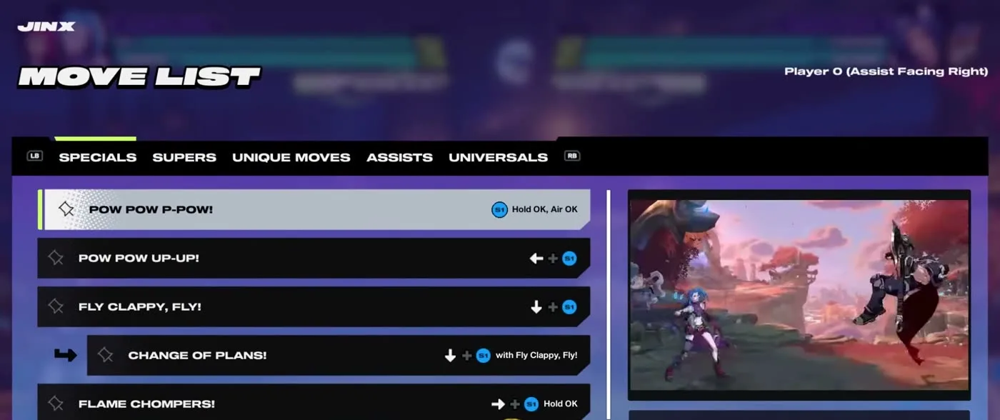 The 2XKO move list screen for Jinx showing her specials with inputs and properties