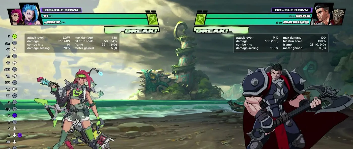 Jinx holding mid-range spacing against Darius in 2XKO training mode