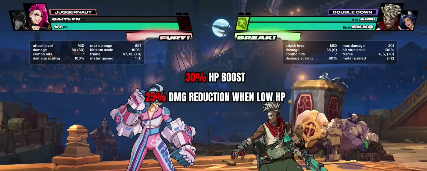 2XKO Juggernaut fuse buffs on screen: 30 percent HP boost and 25 percent damage reduction when low HP