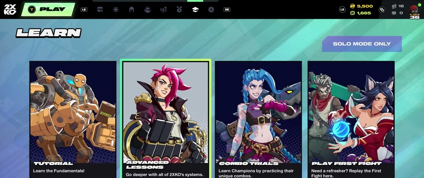 The 2XKO Learn tab showing Tutorial, Advanced Lessons, Combo Trials and Play First Fight