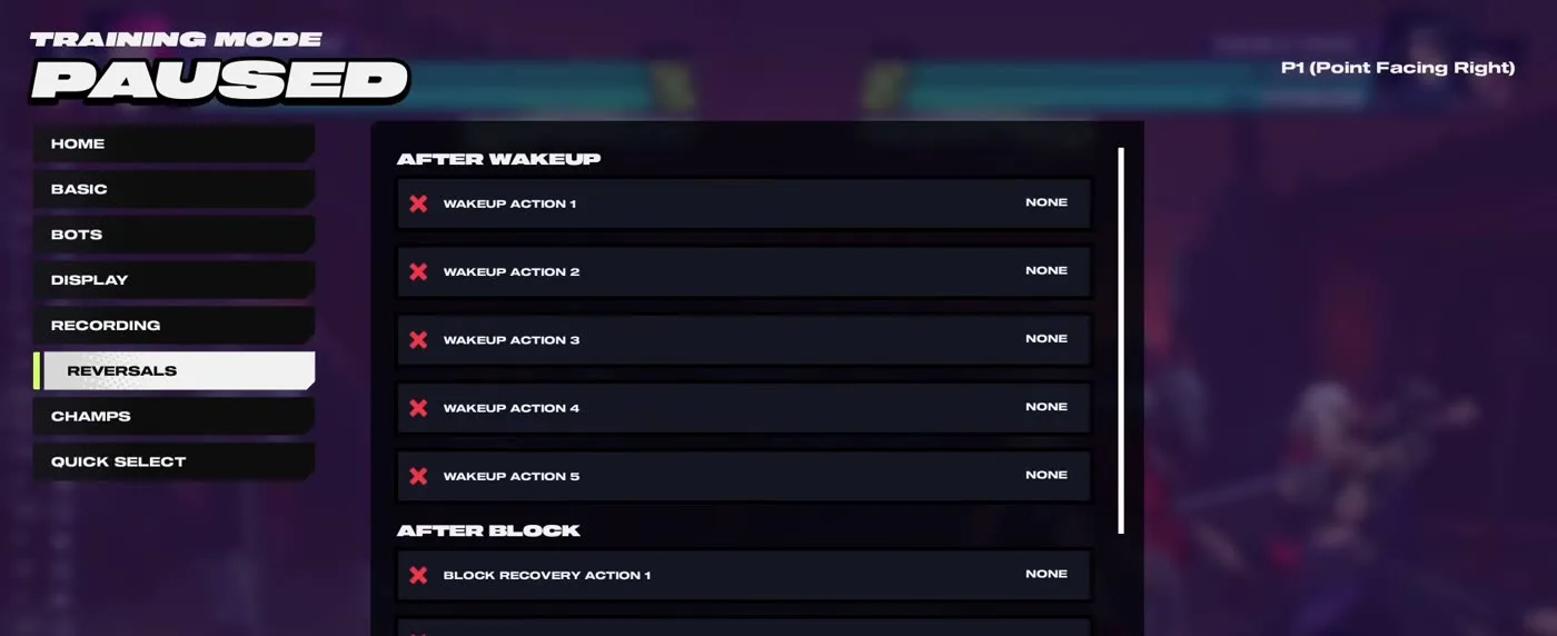 2XKO training mode Reversals menu showing After Wakeup and After Block action slots