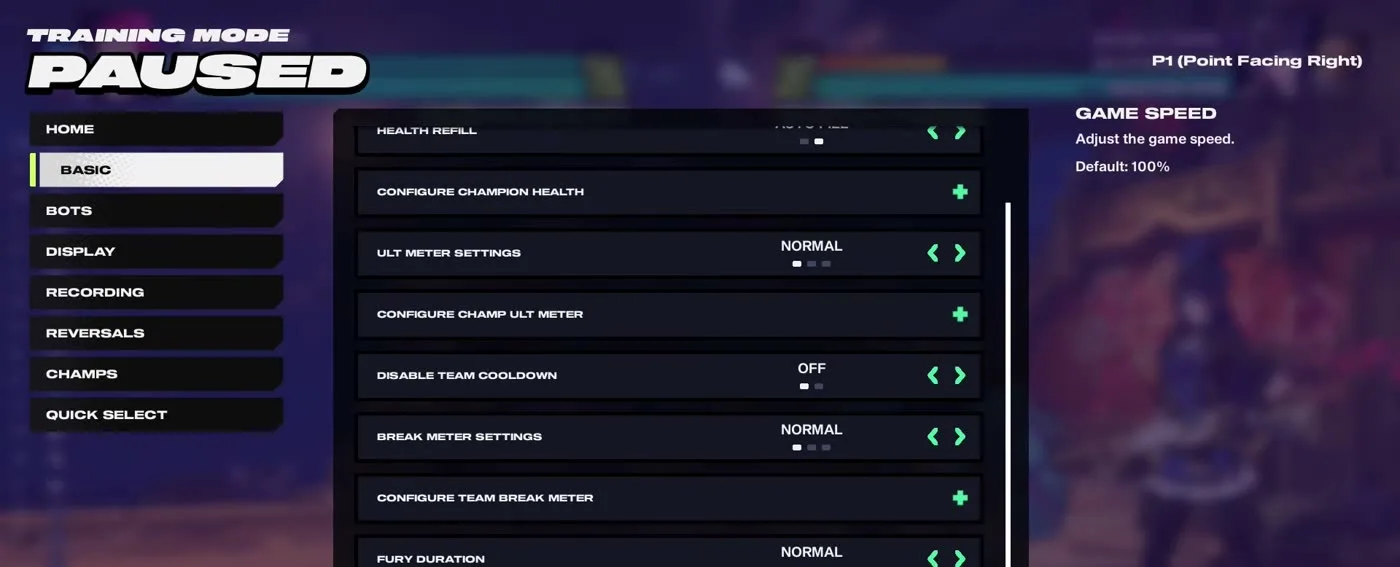 2XKO training mode settings menu showing the Game Speed option used to slow the game down for practice