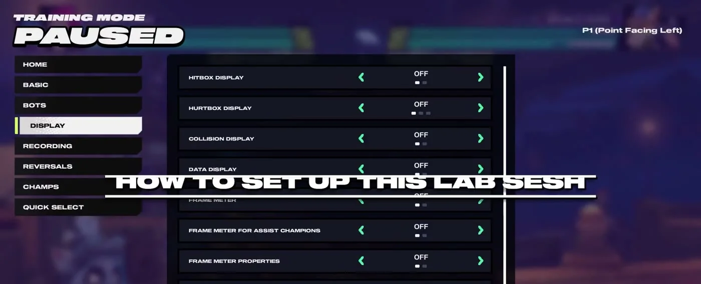 2XKO training mode settings menu used to set up a block pressure lab session
