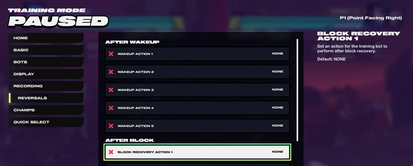 2XKO training mode Reversals menu showing Block Recovery Action under After Block