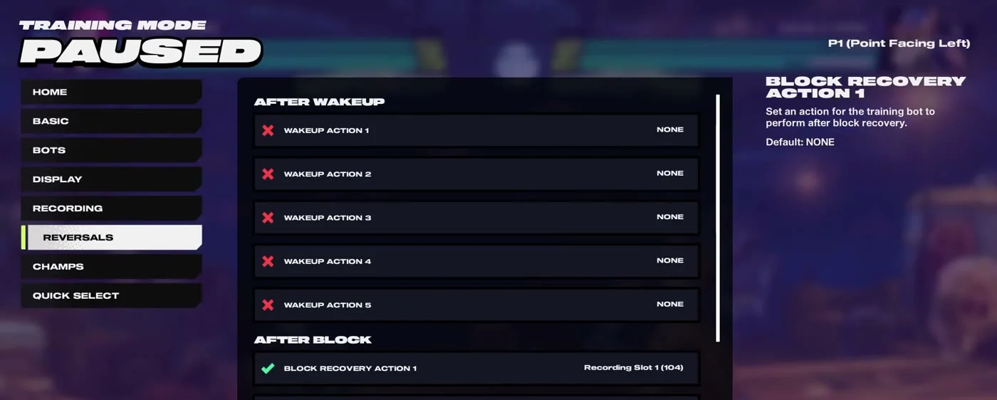 2XKO training mode reversals menu showing wakeup actions and block recovery actions