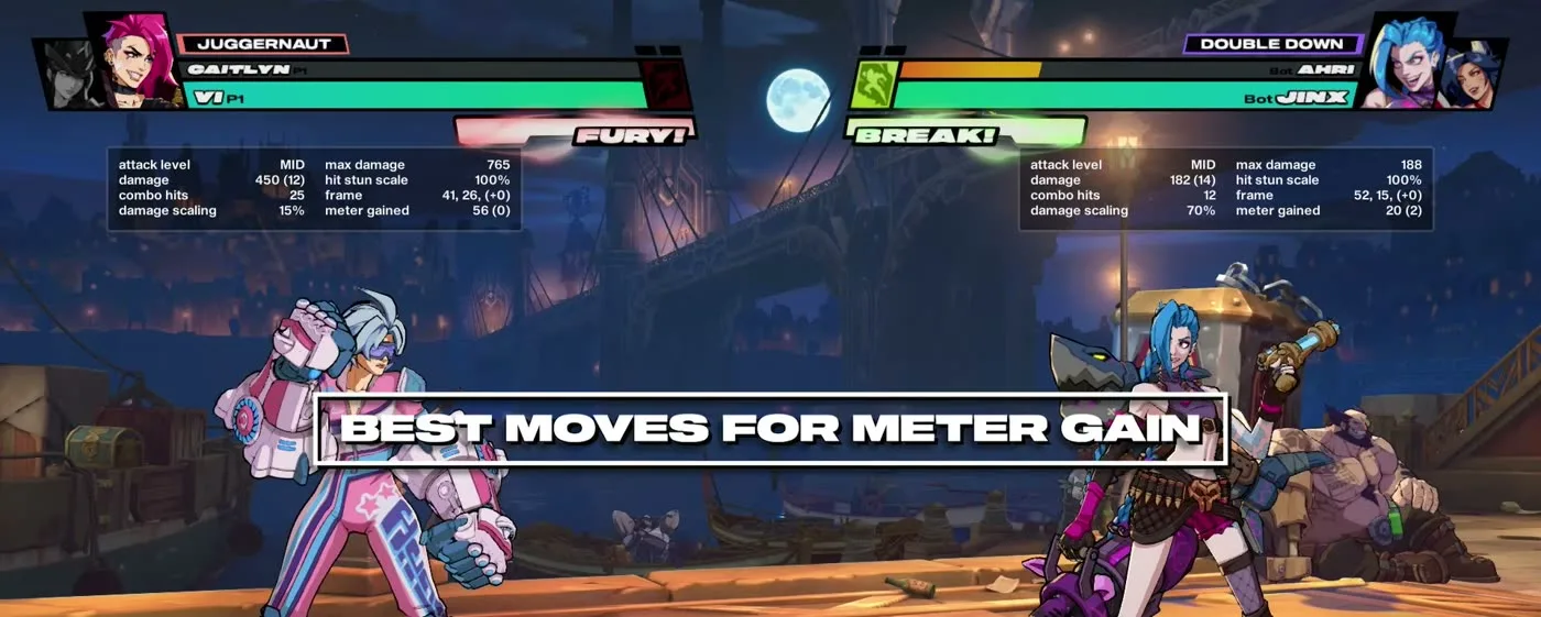 2XKO training mode showing Vi meter gained per move while playing Juggernaut fuse