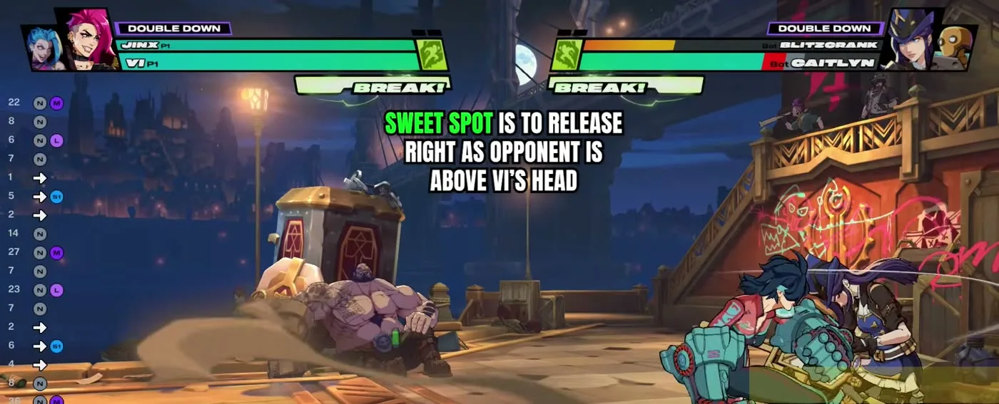 2XKO timing cue: release the electric right as the opponent is above Vi head