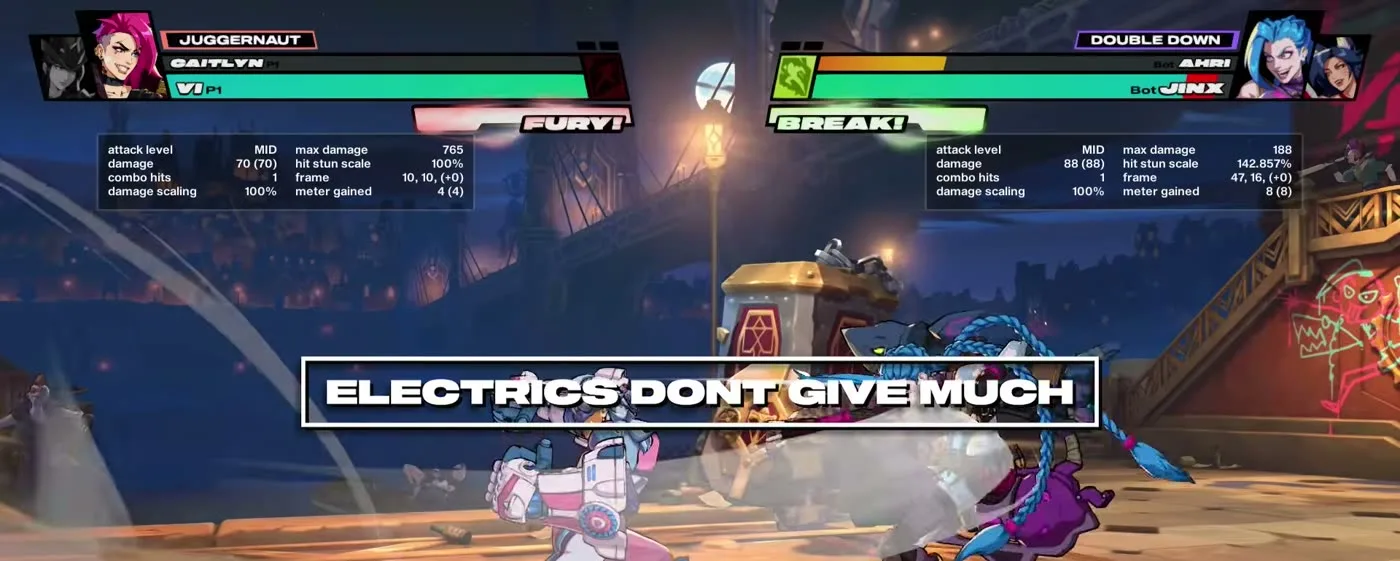 2XKO on-screen note that Vi electrics do not give much meter, only damage
