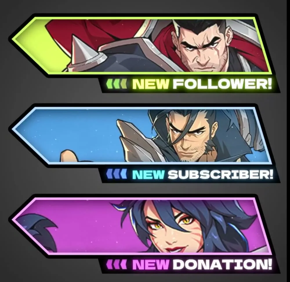 Animated 2XKO stream alerts for new follower, new subscriber and new donation