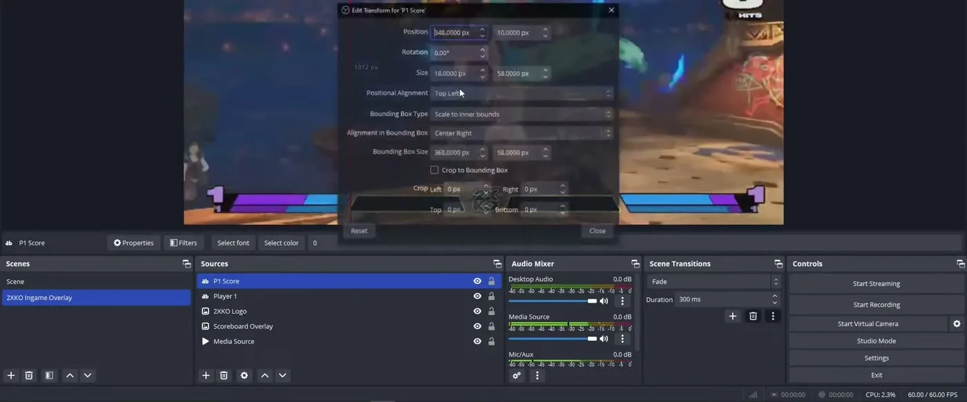 OBS Edit Transform dialog with Bounding Box Type set to Scale to inner bounds for a scoreboard text source