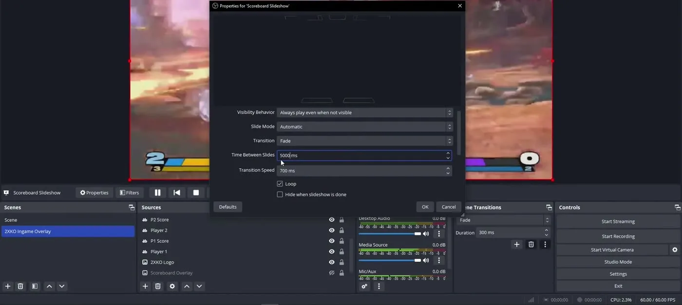 OBS Image Slideshow source properties set up to cycle a scoreboard overlay through multiple colour schemes