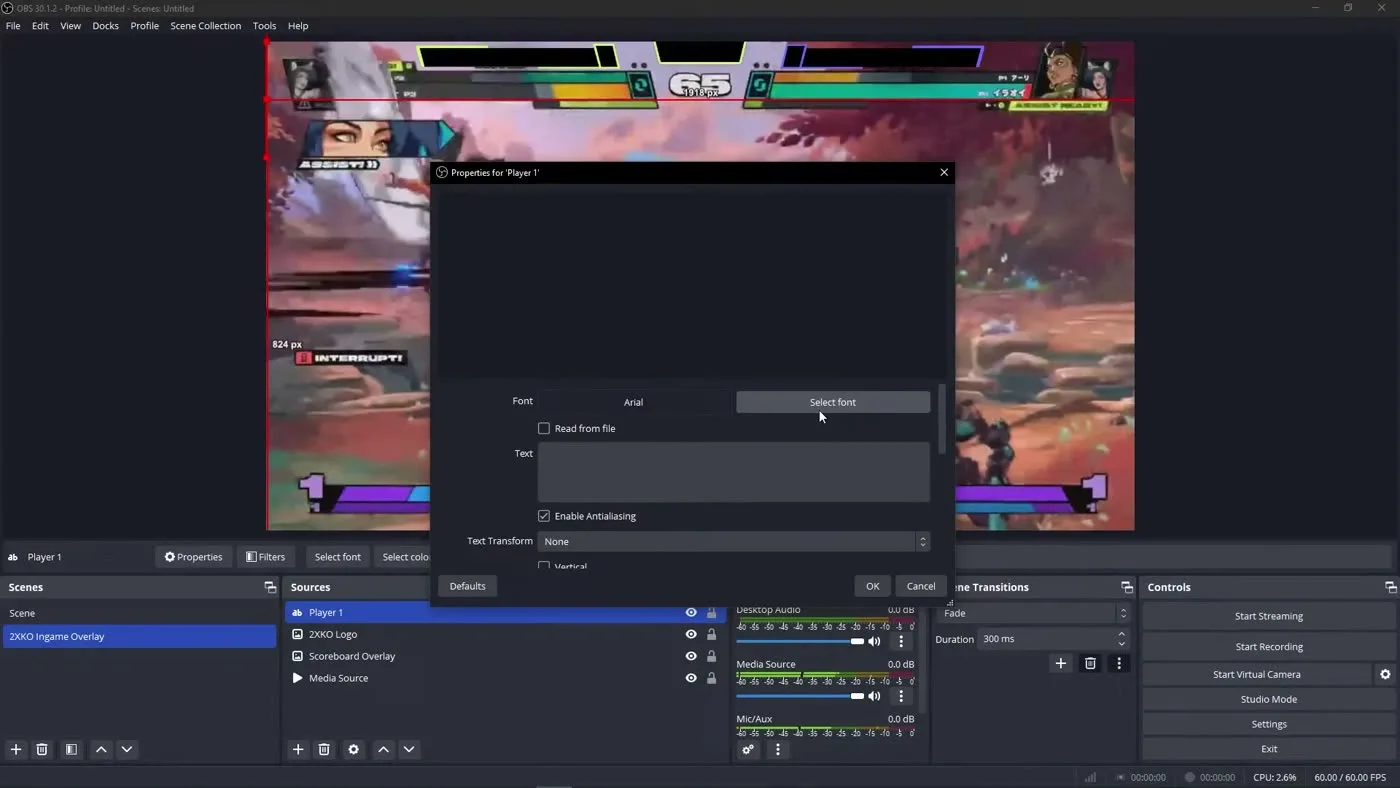 OBS Text GDI+ source properties window used to add an editable player name to a scoreboard overlay
