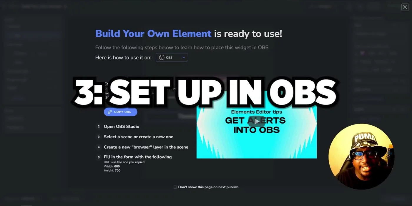 StreamElements OBS setup screen showing the copy URL button and the 600 by 700 browser source dimensions