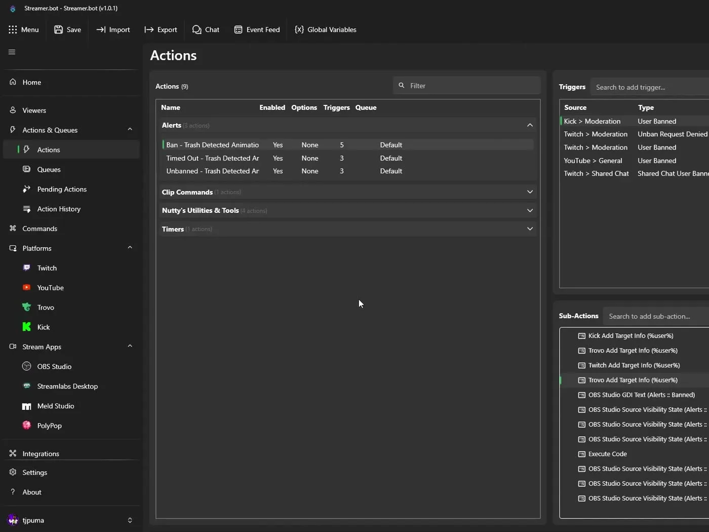 Streamer.bot actions window showing an alert action with triggers from multiple streaming platforms
