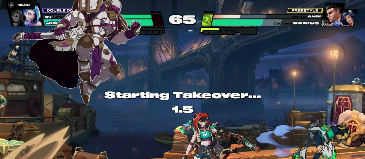 The 2XKO replay takeover screen during a Vi and Jinx versus Ahri and Darius match