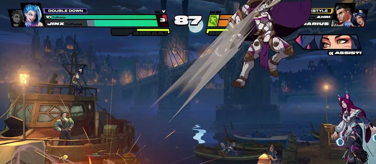 Ahri assist getting sniped by a Jinx trap and missile setup in 2XKO