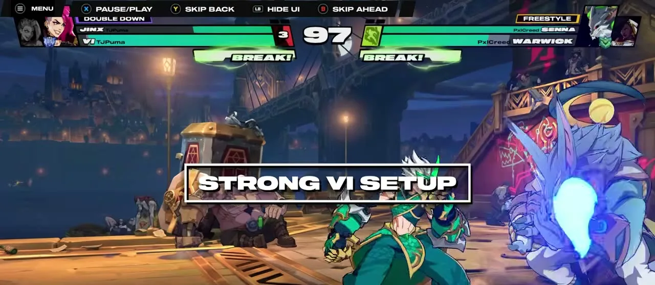 Strong Vi setup card during a 2XKO match against Senna and Warwick
