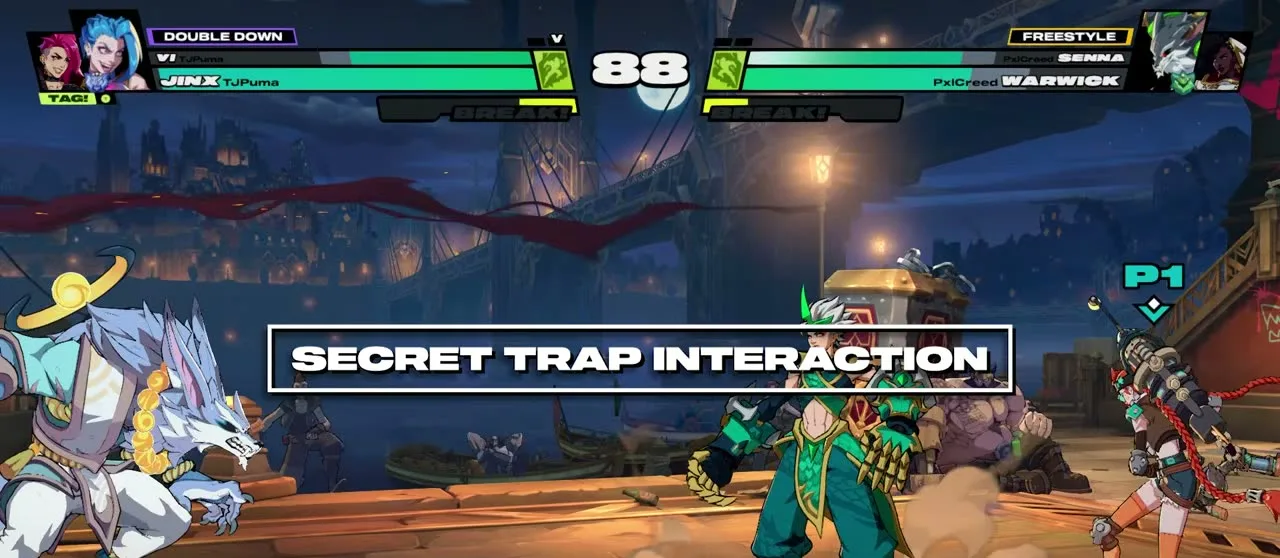 Secret trap interaction card showing the Jinx trap crossup setup in 2XKO