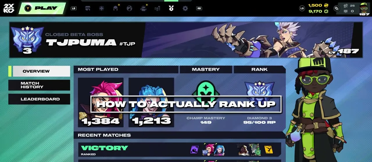 2XKO profile showing Diamond 3 with 95 of 100 RP and a ranked win streak