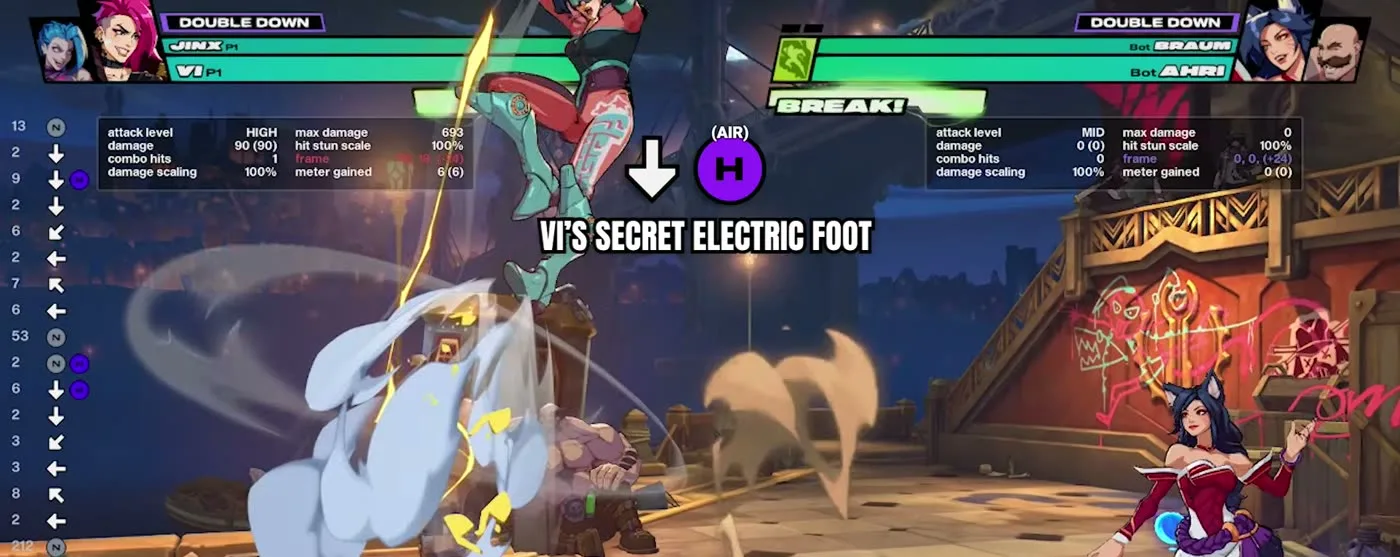 2XKO training mode showing Vi's air electric foot input, down plus air heavy