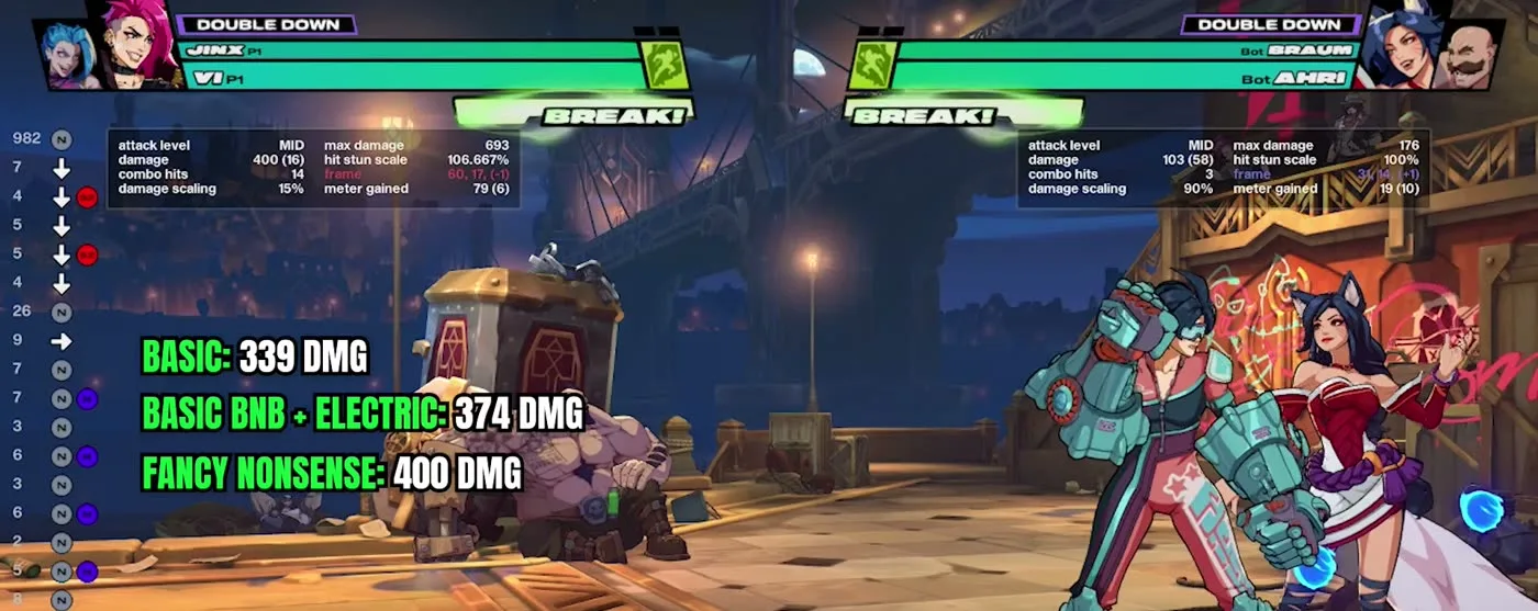 2XKO damage comparison: basic 339, basic BnB plus electric 374, fancy route 400