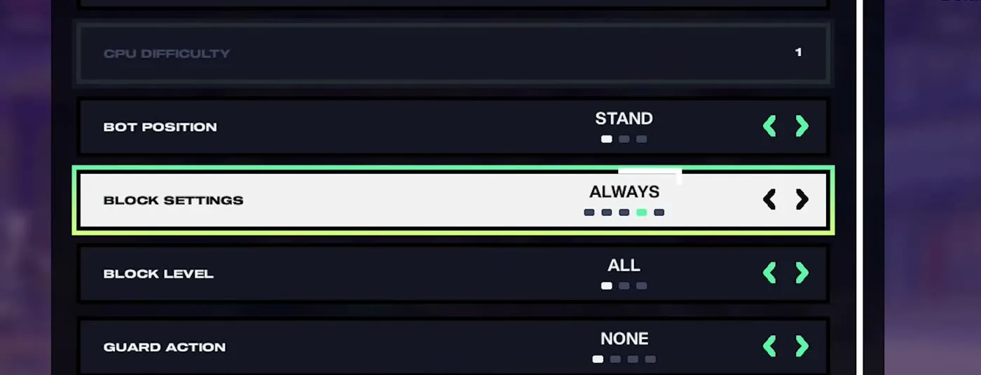 2XKO training mode bot settings with Block Settings set to Always for practicing block strings