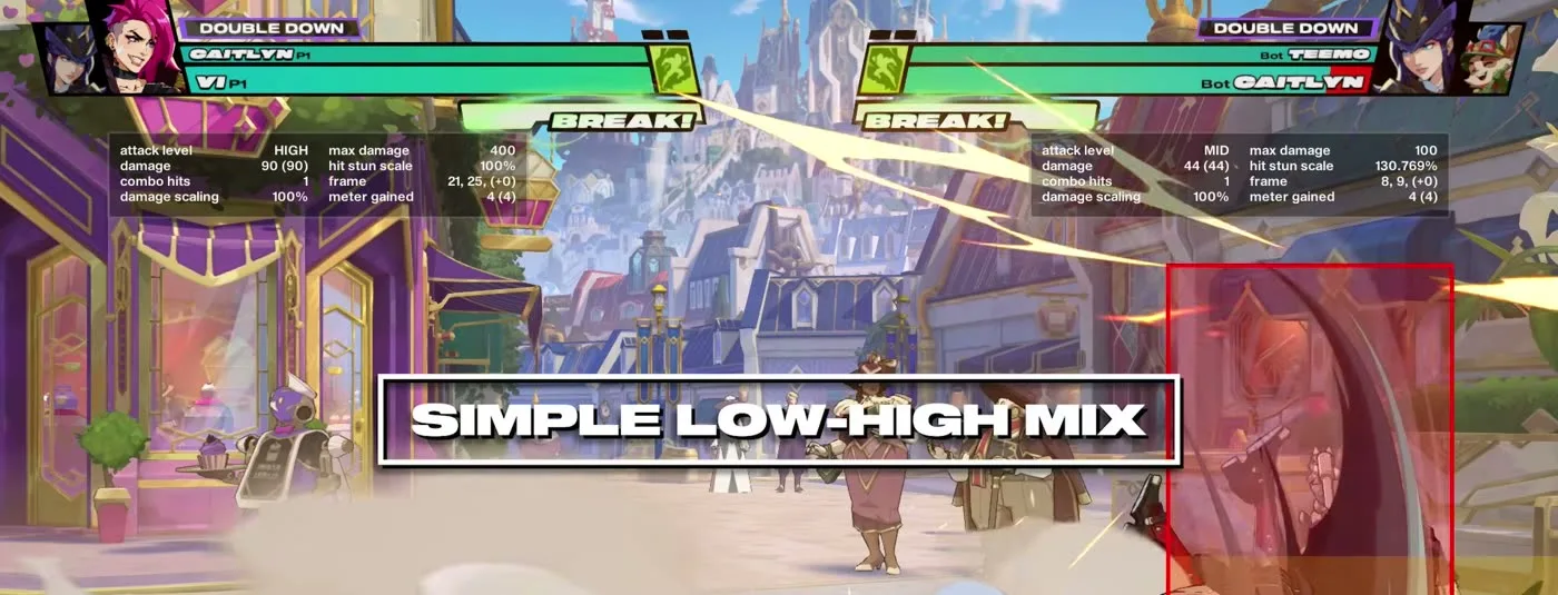 2XKO simple low-high mix with Vi, training data showing the overhead attack level as HIGH