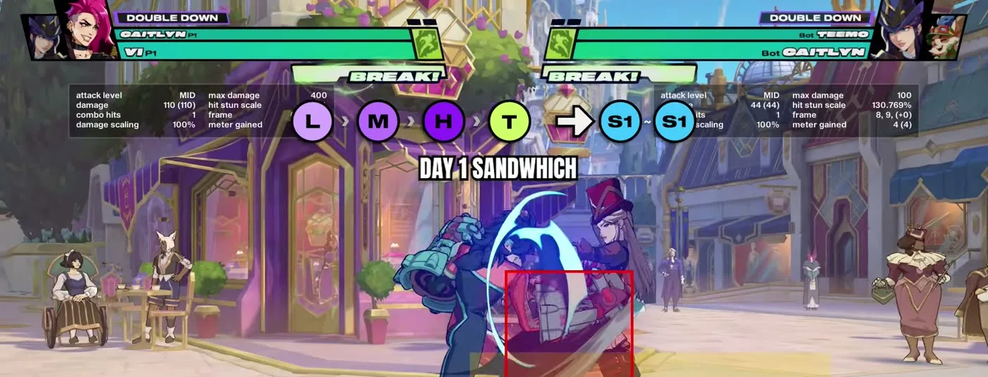 2XKO input notation for Vi day one sandwich: light, medium, heavy, tag into assist