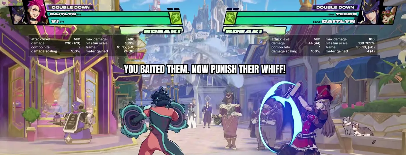 2XKO on-screen prompt reading You baited them, now punish their whiff, after Vi ends a block string early